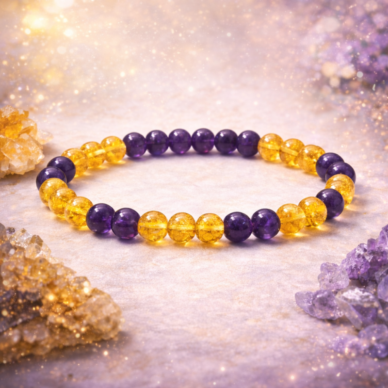 Citrine & Amethyst Energy Bracelet – Natural Crystal Healing Bracelet for Positivity, Protection & Calmness