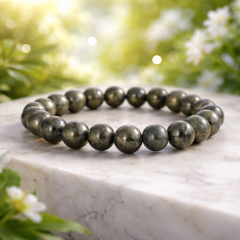 Pyrite Energy & Protection Bracelet – Natural 8mm Pyrite Beads for Confidence, Abundance & Aura Shielding