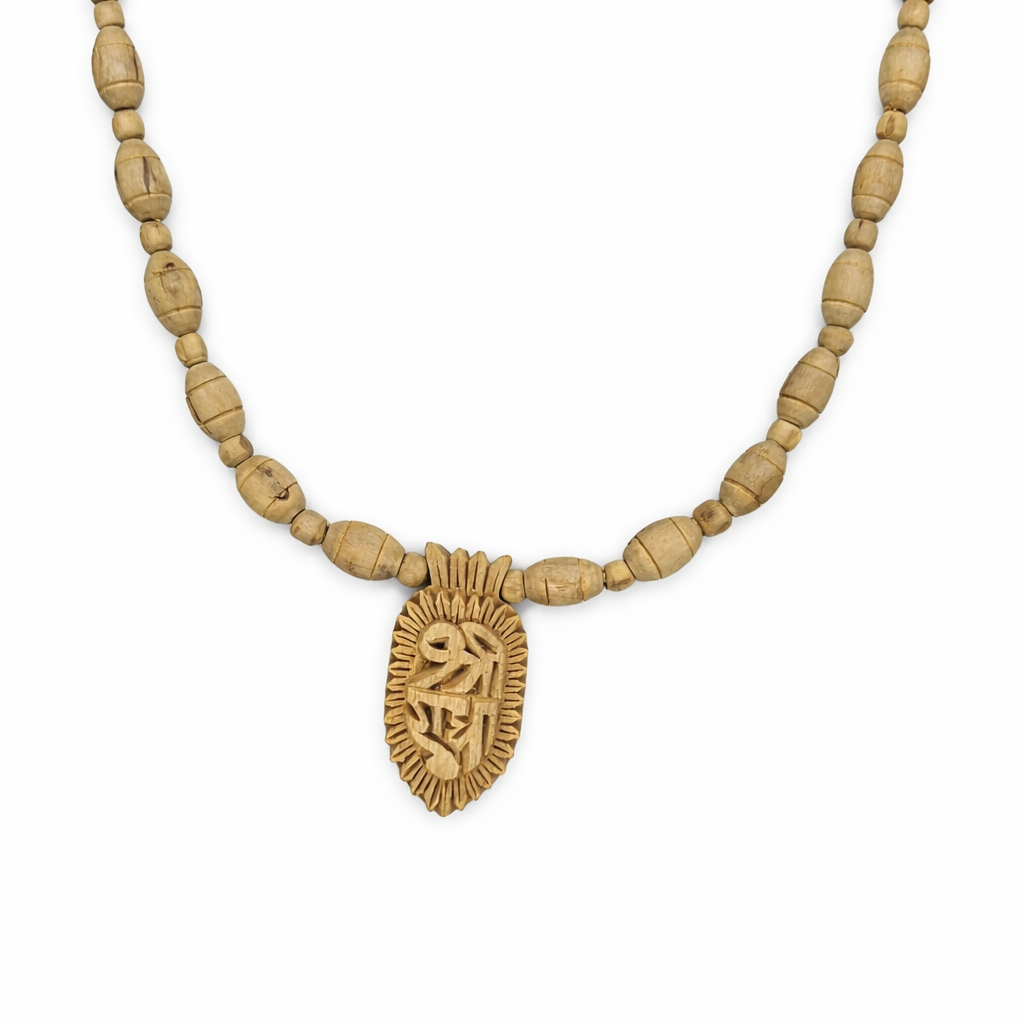 Tulsi Wooden necklace with carved pendant