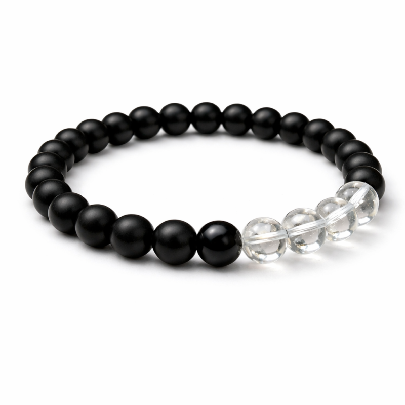 Divya Raksha Karungali Bracelet – Natural Ebony Wood with Black Tourmaline & Clear Quartz (8mm, 24 Beads)
