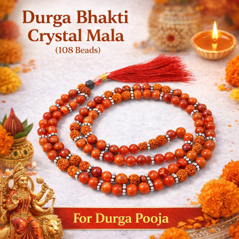 Durga Bhakti Crystal Mala with 108 beads - दुर्गा भक्ति क्रिस्टल माला (१०८ मनके) – दुर्गा पूजा और ध्यान के लिए विशेष।