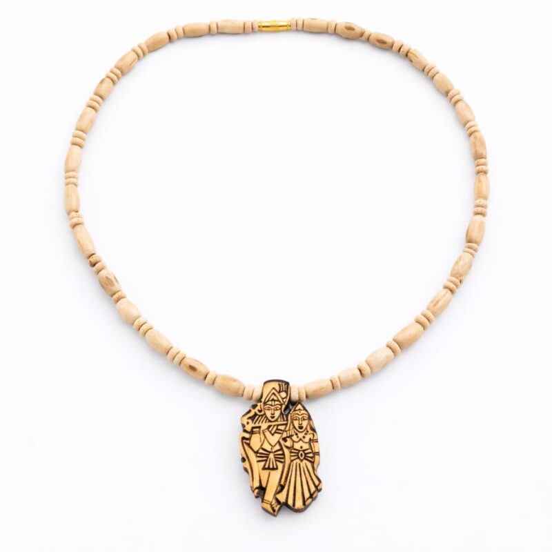 Radha Krishna Tulsi Mala Necklace – Natural Tulsi Wood Spiritual Pendant