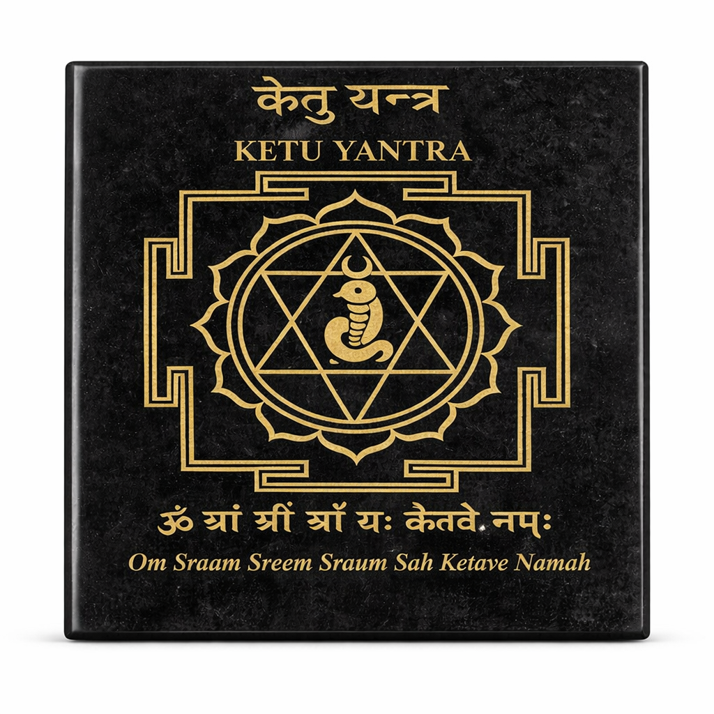 Ketu Yantra black plaque with golden geometric design and sacred mantra