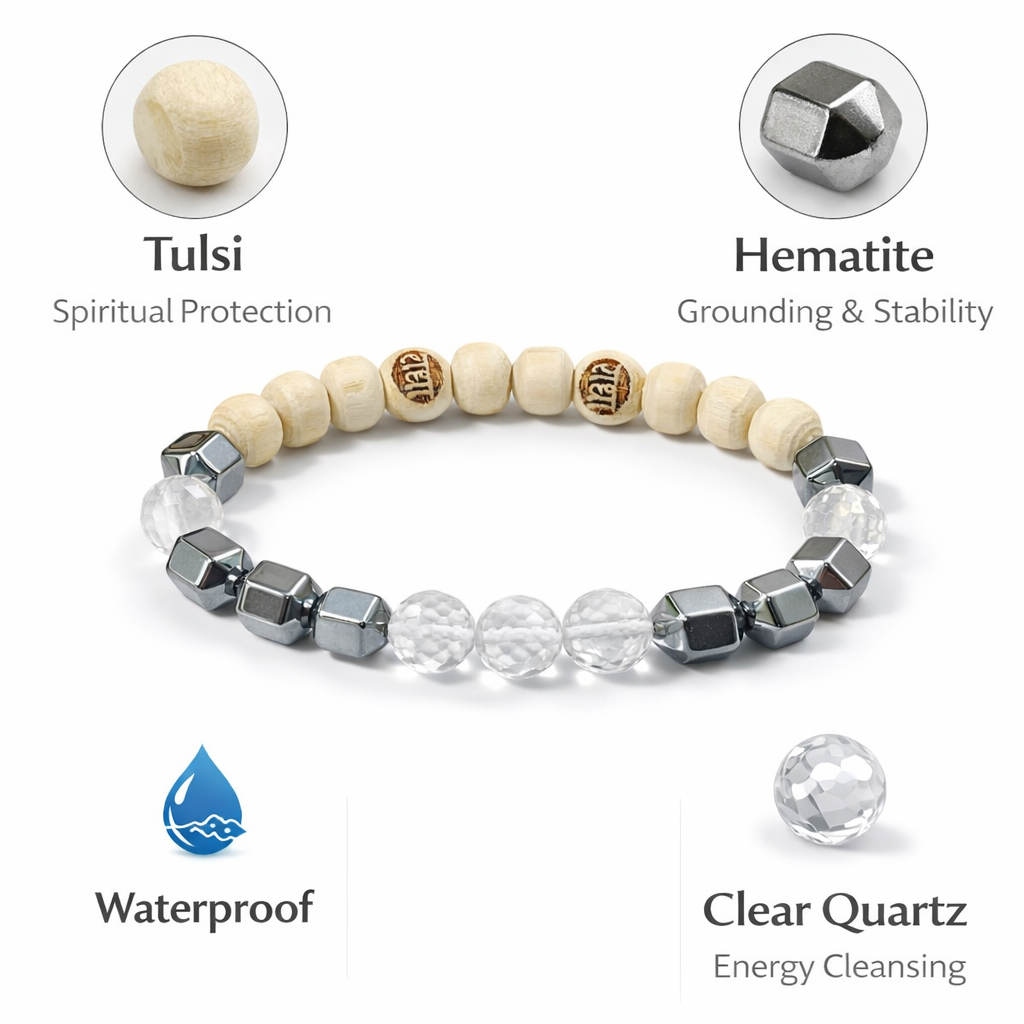 Trishakti Tulsi Energy Bracelet with Tulsi Hematite and Clear Quartz