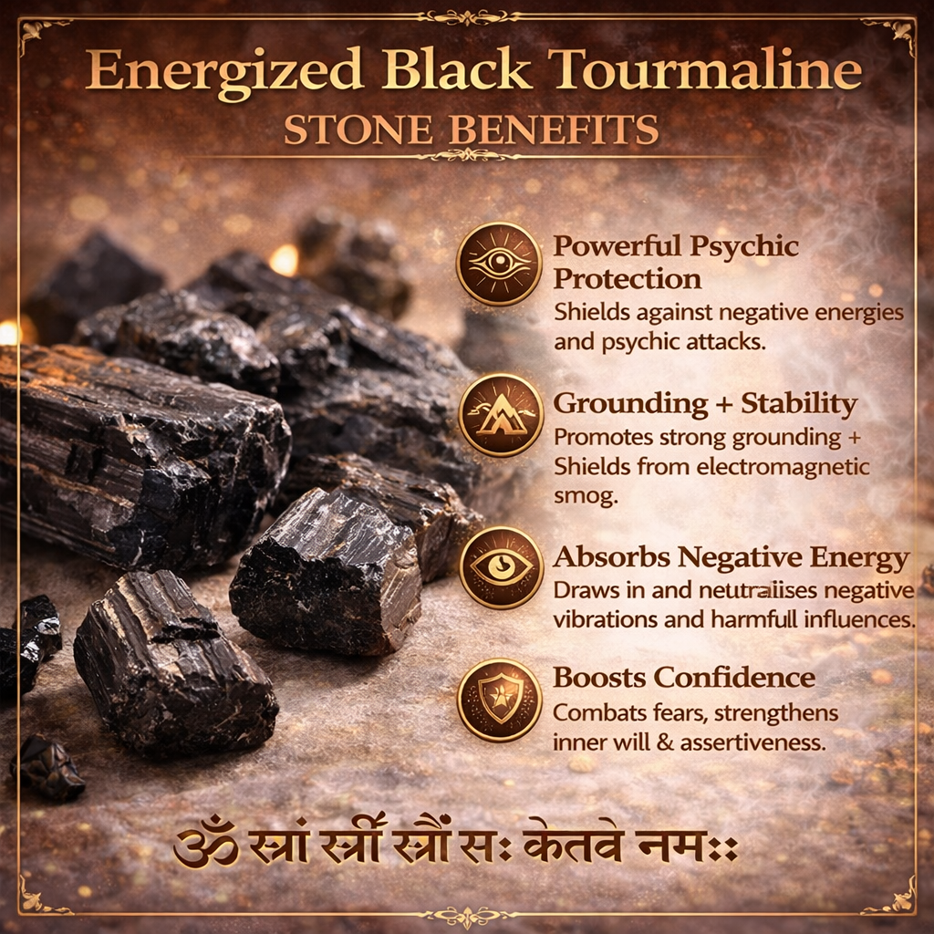 Black Tourmaline stones shown in a spiritual product information image