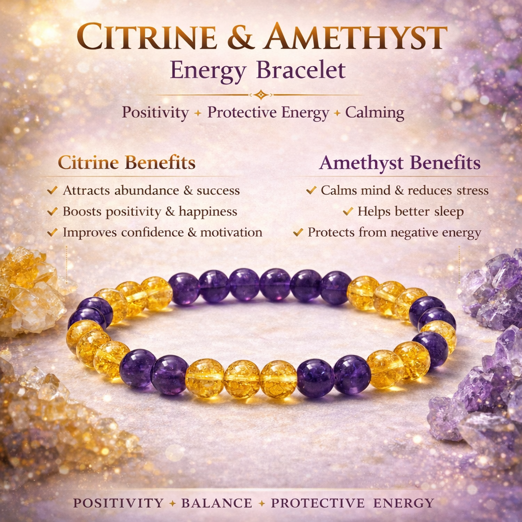Citrine Amethyst gemstone bracelet features
