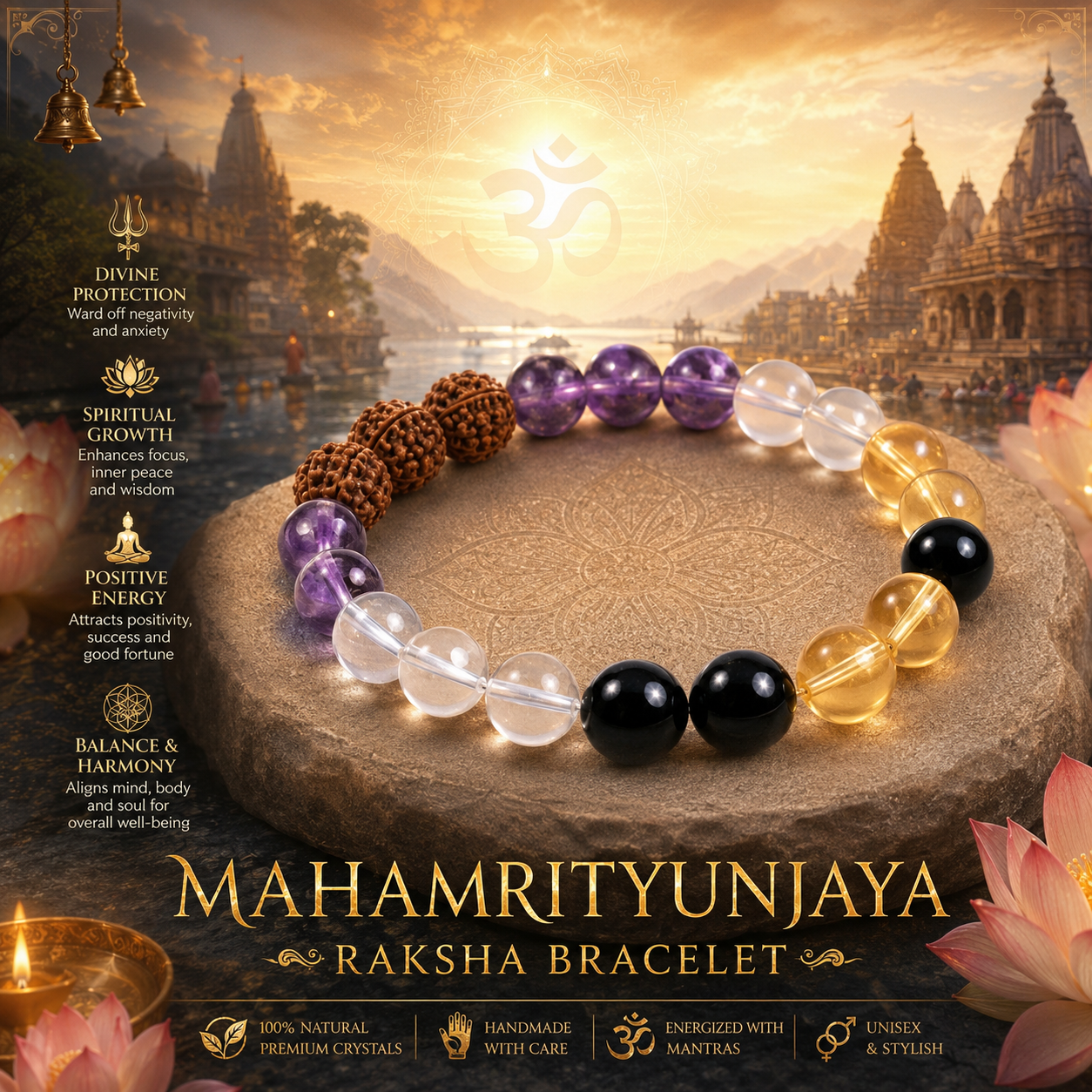 Rudraksha Amethyst Clear Quartz Citrine spiritual bracelet