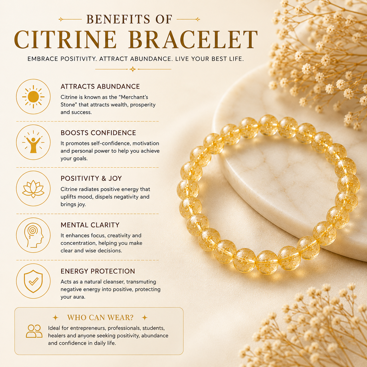 Citrine bracelet gemstone features and benefits