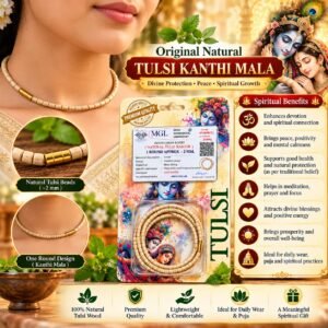 Original Natural Tulsi Kanthi Mala packaging with identification report and traditional devotional artwork