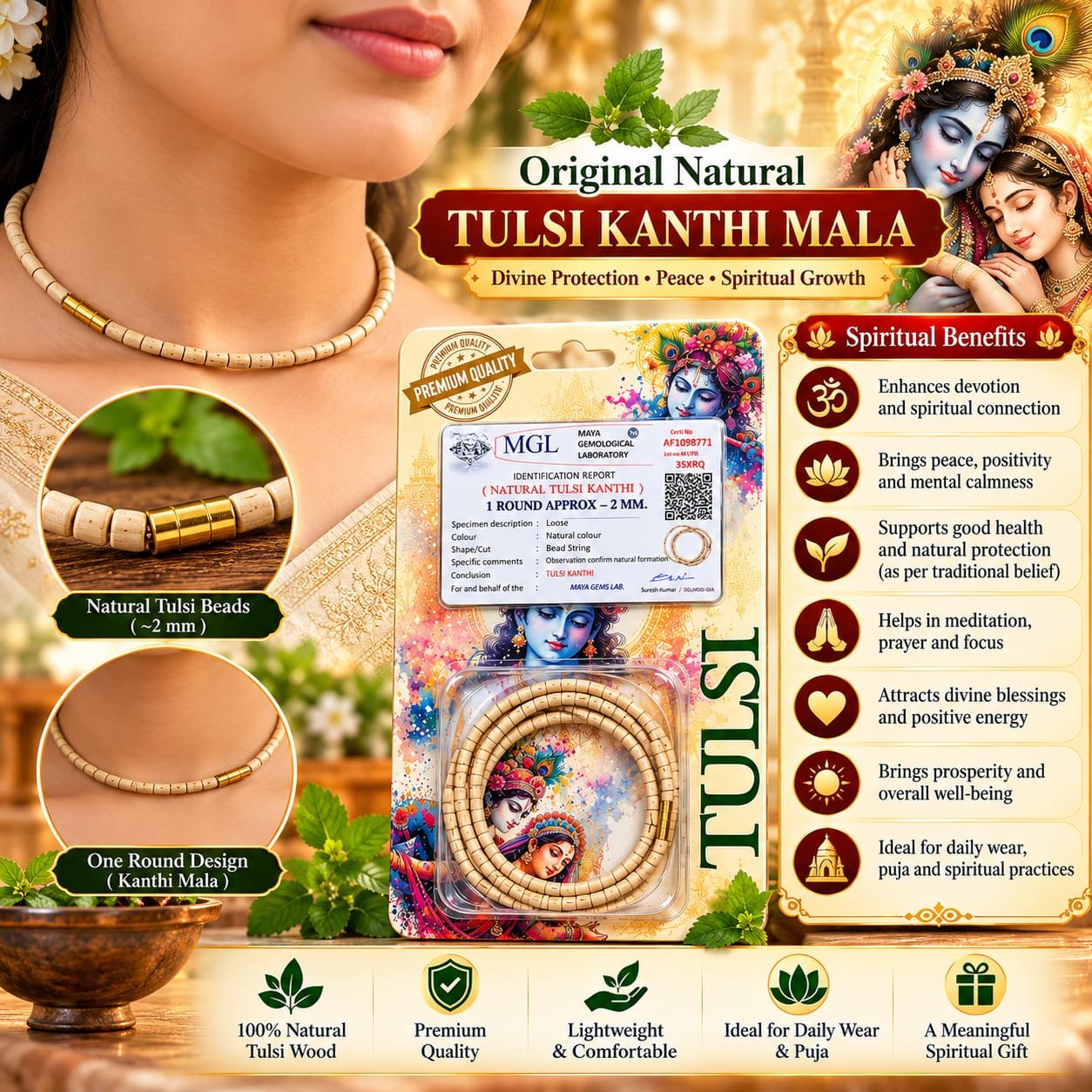 Original Natural Tulsi Kanthi Mala packaging with identification report and traditional devotional artwork
