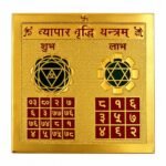 Vyapar Vriddhi Yantra gold-tone metal plate with Shubh-Labh symbols and sacred geometric artwork