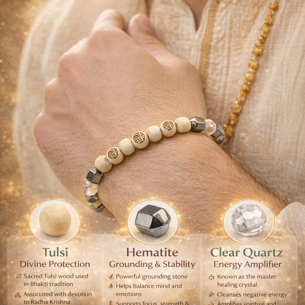 Trishakti Tulsi Energy Bracelet Tulsi Hematite Clear Quartz benefits