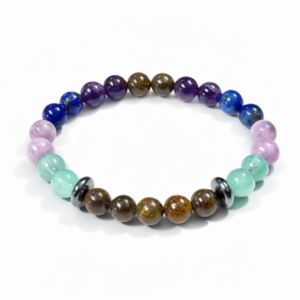 Meen Rashi Pisces bracelet with multicolour round gemstone-style beads on a white background