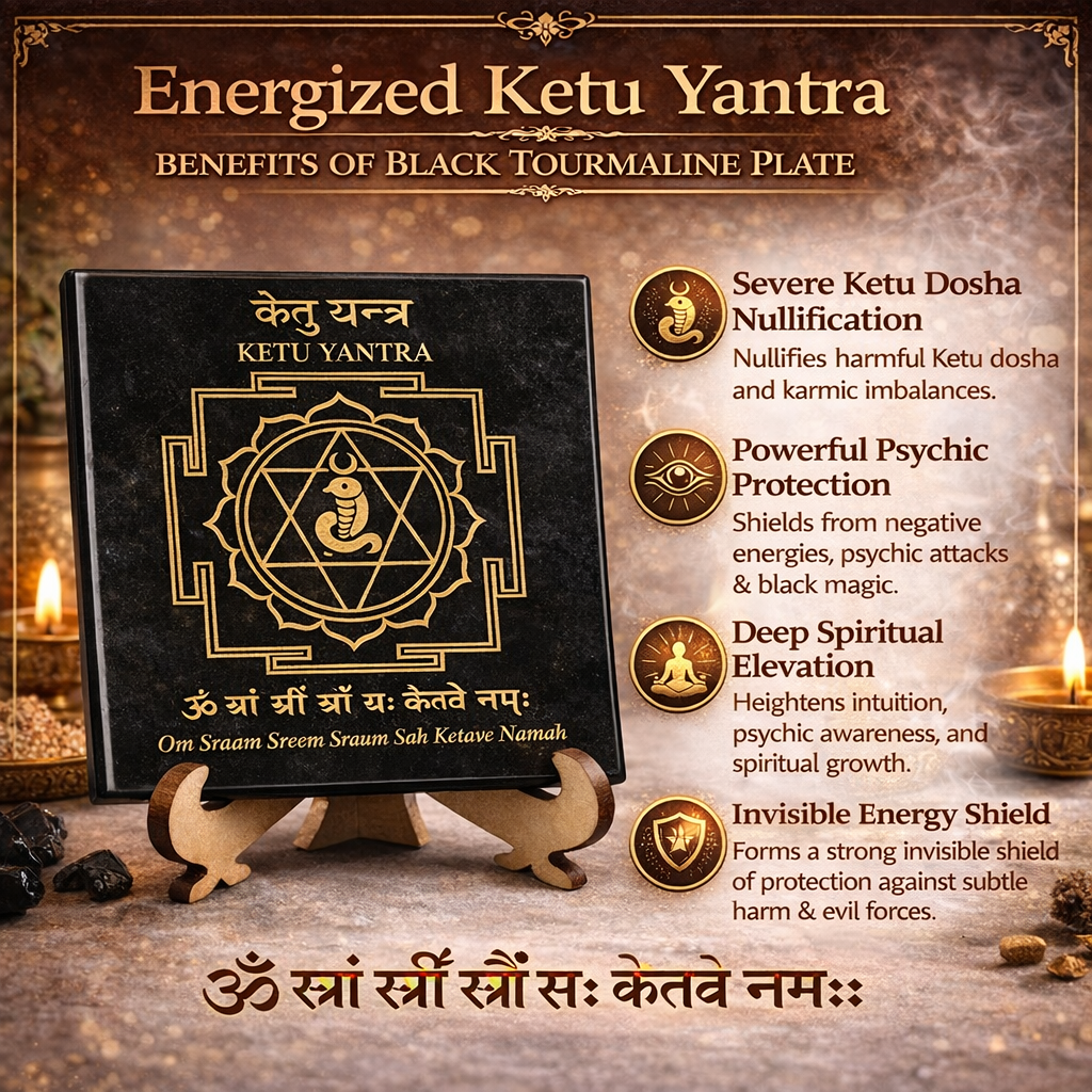 Ketu Yantra plaque displayed on a stand with traditional Ketu mantra