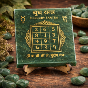 Budh Yantra green aventurine plate with traditional gold-tone design